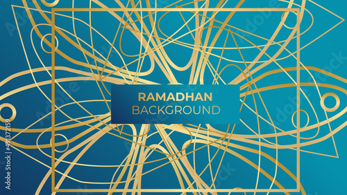 Ornamental Arabic blue gold pattern Islamic design background. Ramadan Kareem banner background