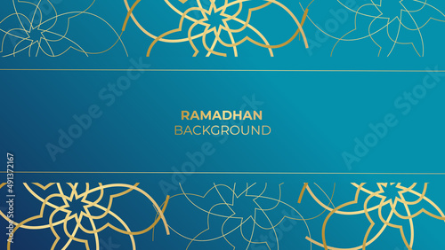 Ornamental Arabic blue gold pattern Islamic design background. Ramadan Kareem banner background