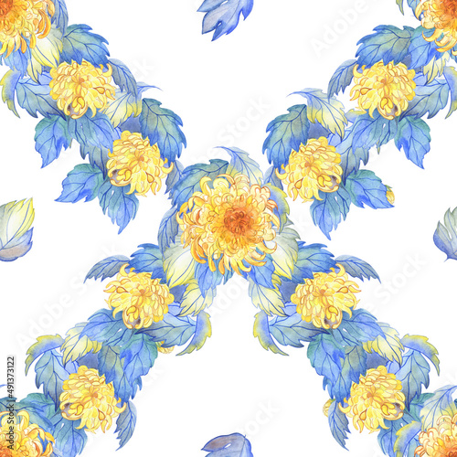 Seamless watercolor pattern with flowers. Yellow chrysanthemums with leaves on a white background. It can be used to create wallpaper, textiles, packaging.