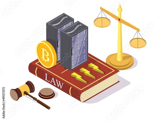 Crypto mining laws and regulations, vector illustration. Isometric bitcoin, server racks. Cryptocurrency legislation.