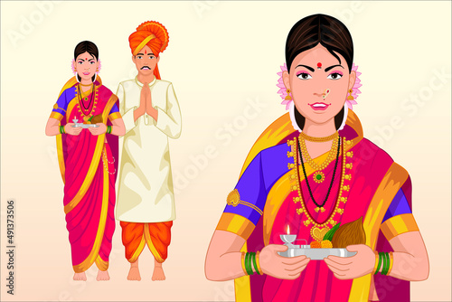 Indian Couple Wear Marathi Traditional outfit, Nauvari Saree & Dhoti Kurta photo