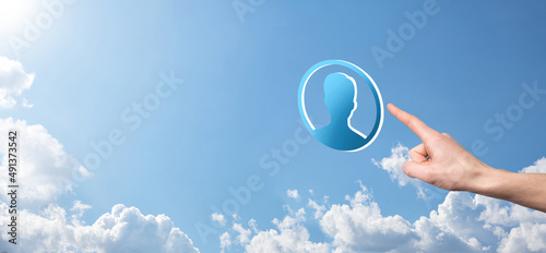 Businessman holding on hand icon of user man,woman 3D style. Internet icons interface foreground. global network media concept. © Ivan