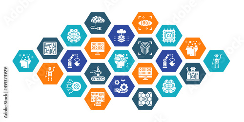 Artificial Intelligence web design banner and presentation. Robotics, Chatbot, Database, Big Data vector illustration.