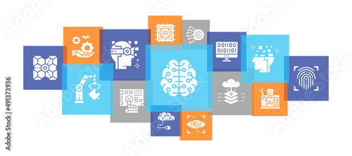 Artificial Intelligence line icons banner. Robotics, Chatbot, Database, Big Data promotion illustration for ecommerce banner.