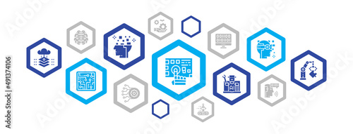 Artificial Intelligence color icon banner design. Robotics, Chatbot, Database, Big Data flat vector illustration