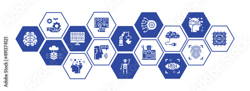 Artificial Intelligence flat banner with line icons. Robotics, Chatbot, Database, Big Data promotion icons banner illustration for landing page.