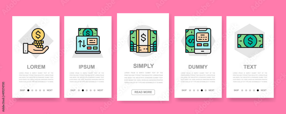 Money and Banking mobile app screens set. Credit Card, Currency Exchange, Atm, Terminal vertical banners with color web icons. Money and Banking mobile app screens set. Credit Card, Currency Exchange, Atm, Terminal vertical banners with color web icons.