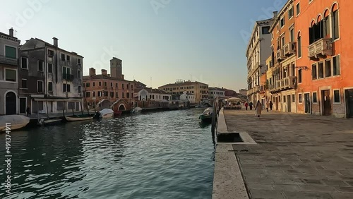 Fpv of Fondamenta Cannaregio and  Venetian canal, Venice in Italy. Slow motion photo