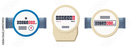 Gas, water and electric meters. Industrial and household meters set. Fuel, water and electricity consumption control. Gas counter. Collection of flat vector illustrations isolated on white background.