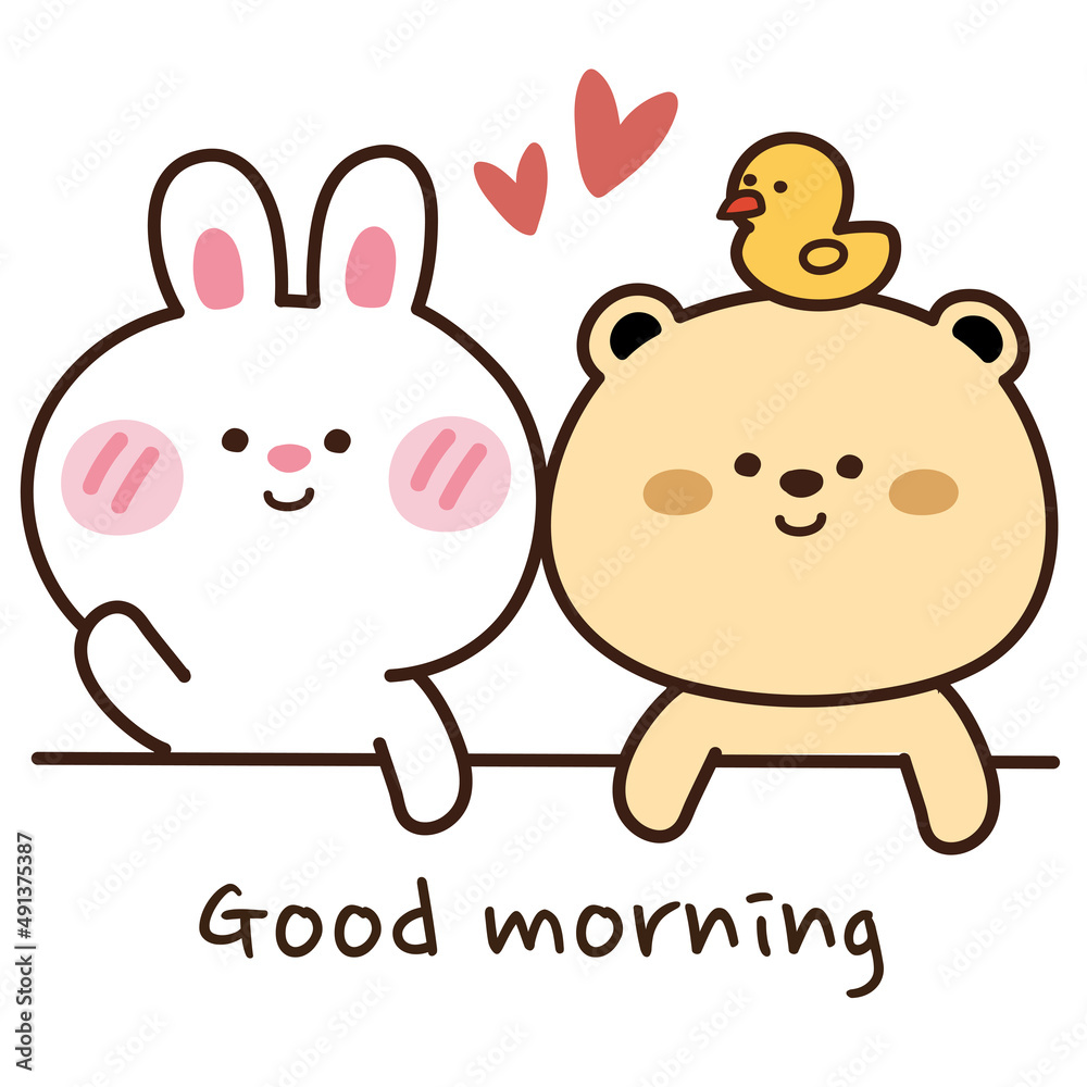 Cute animal in cartoon style.Good morning text.Character design ...