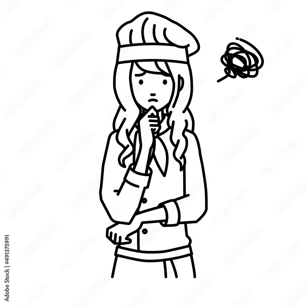 立って手をあごにあてて困っている調理師の女性 立って手をあごにあてて困っている調理師の女性