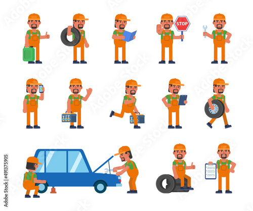Set of car repairman characters in various situations. Auto mechanic repairing car, changing tires, talking on phone and other actions. Modern vector illustration