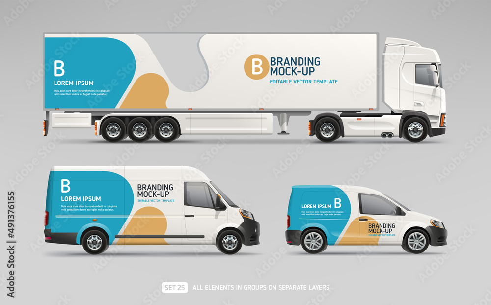 Vector Truck, Company Van, Delivery Car with branding design - realistic mock-up set. Abstract geometric graphics design for Business Corporate identity. Company Cars. Delivery Transport mockup
