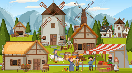 Medieval town scene with villagers and market