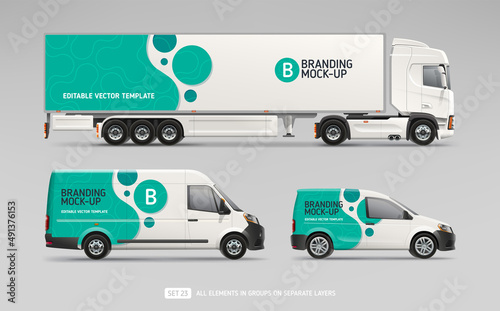 Company Van,  Truck, Delivery Car with blue-green branding design mock-up set. Abstract geometric graphics design for Business Corporate identity. Company Cars. Delivery Transport mockup
