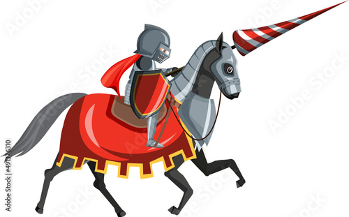 Medieval knight on horseback on white background