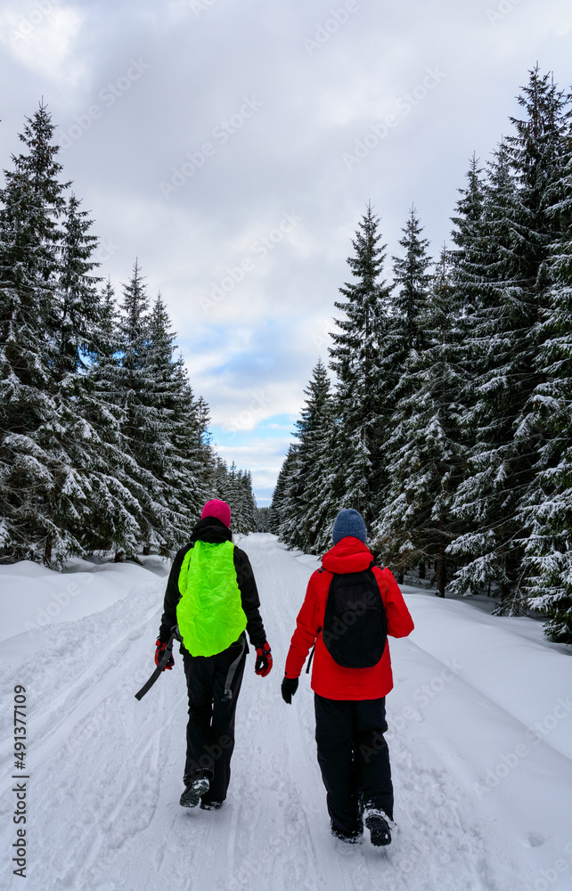 Two people on the trail in winter