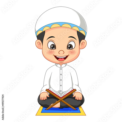 Cartoon muslim boy reading Quran
