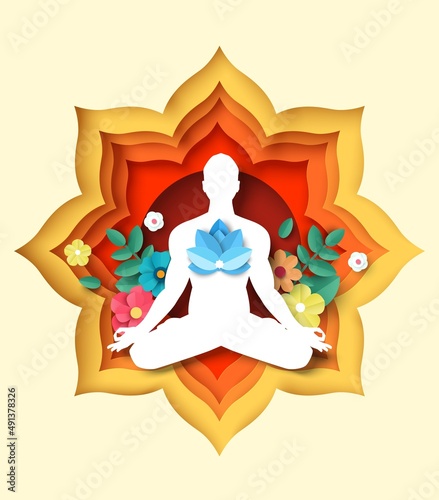 Man practicing padmasana sitting in yoga lotus position, vector paper cut illustration. Meditation, mental health, relax