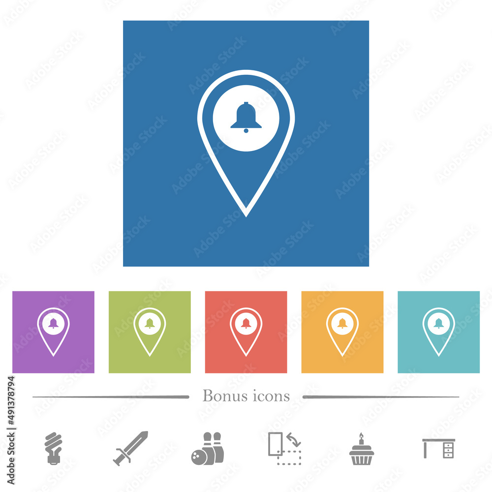 GPS location alarm flat white icons in square backgrounds GPS location alarm flat white icons in square backgrounds