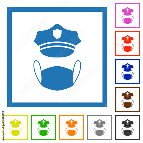 Police hat and medical face mask flat framed icons