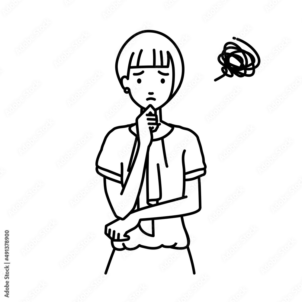 立って手をあごにあてて困っているオフィスカジュアルの女性