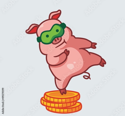 cute pink pig on a pile of coin. isolated cartoon animal nature illustration. Flat Style suitable for Sticker Icon Design Premium Logo vector. Mascot Character