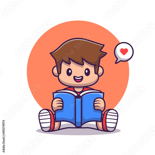 Cut Boy Reading Book Cartoon Vector Icon Illustration. Kid Education Icon Concept Isolated Premium Vector. Flat Cartoon Style