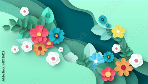 Paper cut flowers and leaves. Spring background. Floral poster, banner, flyer template, vector illustration.