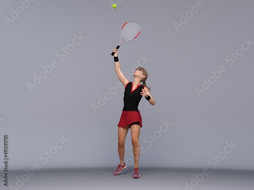 3D Render : Full body portrait of female tennis player is performing and acting in training session
