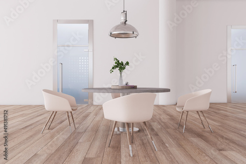 Modern spacious concrete restaurant interior with wooden flooring  tables and chairs. Cafeteria project concept. 3D Rendering.
