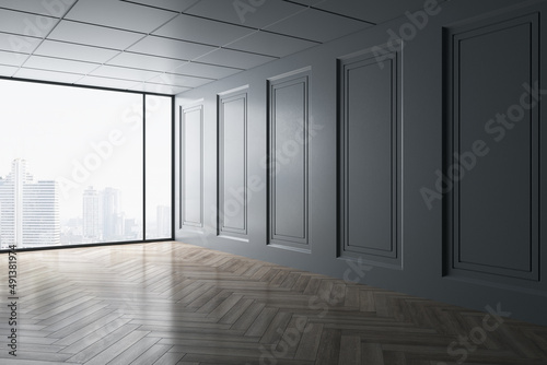Light bright corridor with window, bright city view and reflections on wooden floor. 3D Rendering.