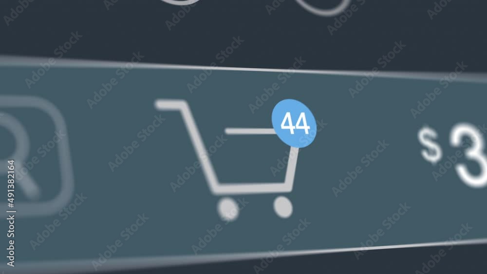 online shopping, extreme close-up of a shopping cart icon with items counter (3d render)