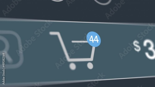 online shopping, extreme close-up of a shopping cart icon with items counter (3d render)