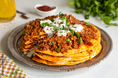 Turkish Food Kayseri Yaglama with Minced Meat  Yogurt and Tomato Paste