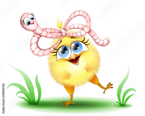 Cute cartoon little yellow chick girl with worm bow on the top of the head