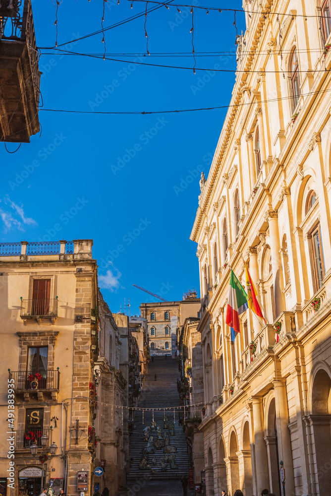 Fototapeta premium Staircase of Santa Maria del Monte in Caltagirone during Christmas Nativity Scene, Catania, Sicily, Italy, Europe, World Heritage Site