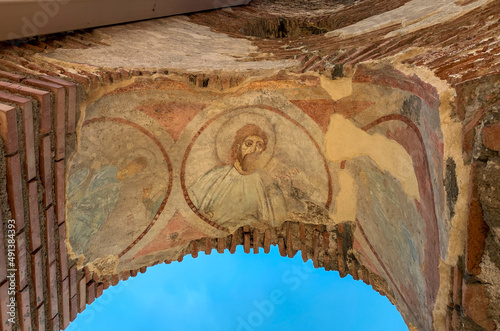 Partially preserved late Roman fresco inside the ruins of early Byzantine and Christian basilica, also known as The Red Church in Perushtitsa, Bulgaria 