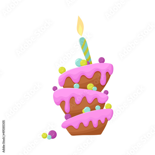 Birthday cake with candle illustration. Isolated on white background.
