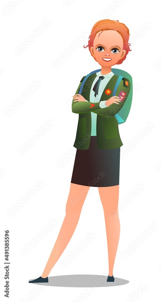Pretty little girl in scout uniform with badges. Cheerful girl. Standing pose. Cartoon flat design in comic style. Single character. Illustration isolated on white background. Vector Pretty little girl in scout uniform with badges. Cheerful girl. Standing pose. Cartoon flat design in comic style. Single character. Illustration isolated on white background. Vector