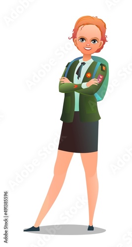 Pretty little girl in scout uniform with badges. Cheerful girl. Standing pose. Cartoon flat design in comic style. Single character. Illustration isolated on white background. Vector