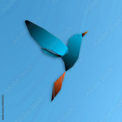 3D illustration of abstract blue bird with orange tail feathers on textured and patterned background