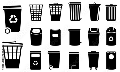garbage bin in silhoiette style, trash bin waste basket, recycling trash basket.
