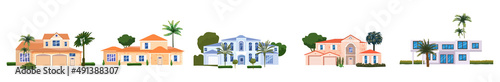 Set Mansion Residential Home Buildings, tropic trees, palms. House exterior facades front view architecture family modern contemporary cottages houses or apartments, villa. Suburban property