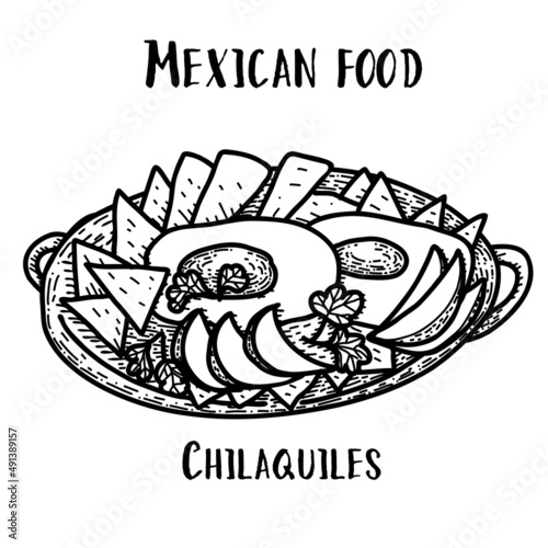 Mexican food Chilaquiles. Hand drawn black and white vector illustration in doodle style.