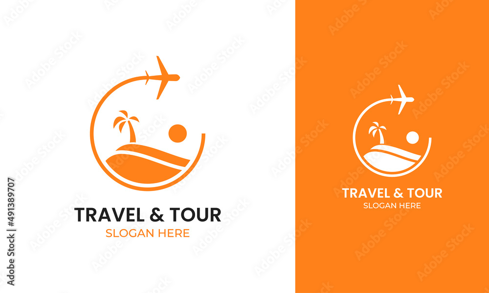 Summer island logo with plane and palm icon for travel or tourism