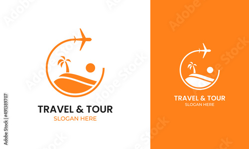 Summer island logo with plane and palm icon for travel or tourism