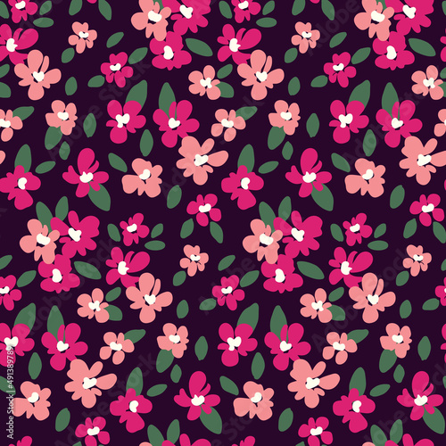 Seamless pattern with cute little pink flowers on a dark background. Romantic branch print with sketch flowers  lilies. Liberty botanical composition with summer meadow  field. Vector illustration.