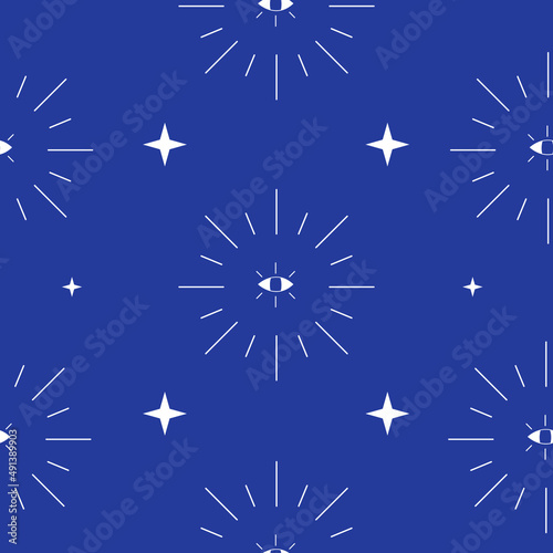 Bohemian vintage style seamless pattern. Occult eye and stars on dark blue background. Repeating texture for textile design