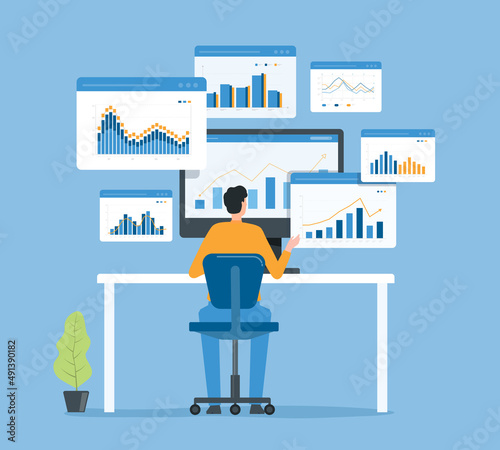 Flat business people analytics and monitoring investment and finance report graph on monitor concept. Business marketing planning.